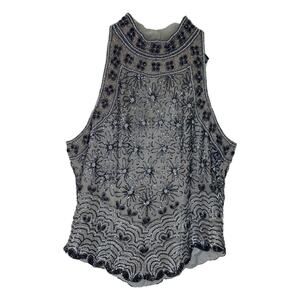 Vintage Papell Boutique Silk Beaded Floral Mock Neck Tank Blouse Large